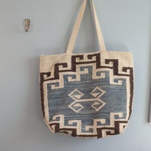 Lovestitch Beige and Blue Geometric Tote